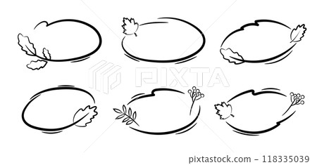 Oval autumn stroke frames with leaves. Set of black sketch doodle design elements. Borders for text decoration on a white background. 118335039
