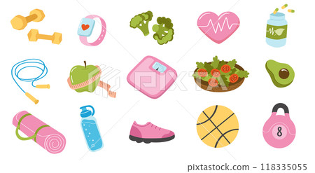 Weight loss set of cute elements. Fitness and healthy lifestyle. 118335055