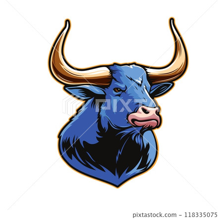 Ai generated ox mascot, generative ai bull animal character head with blue fur, long horns and ferocious expression. Fiery creature embodies strength and determination, unwavering resolve and power 118335075