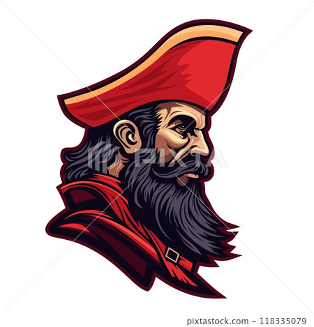 Ai generated pirate captain mascot, generative ai corsair character profile in red tricorn hat and a coat. Menacing bearded face of sea rover, symbol of high-seas adventures and daring exploits Ai generated pirate captain mascot, generative ai corsair character profile in red tricorn hat and a coat. Menacing bearded face of sea rover, symbol of high-seas adventures and daring exploits 118335079