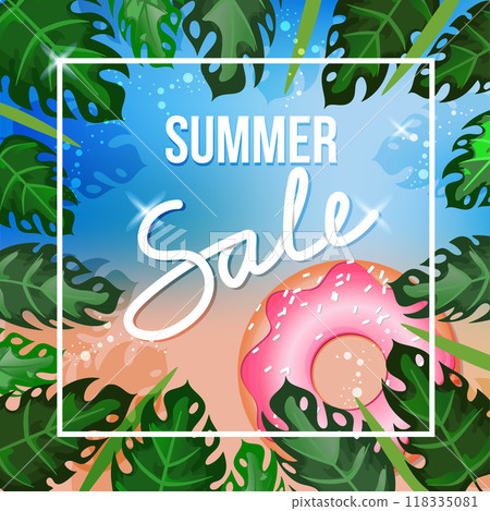 Color Banner of the summer sale on the background of the sea. Frame from tropical leaf and a lifeline in the form of a doughnut. Color Banner of the summer sale on the background of the sea. Frame from tropical leaf and a lifeline in the form of a doughnut. 118335081