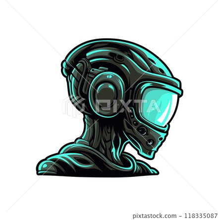 Ai generated alien mascot, generative ai futuristic astronaut cartoon character in protective space helmet with black and cyan hues and large reflective visor. Sci-fi and high-tech robot or alien head 118335087