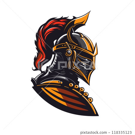 Heraldic mediaeval knight mascot. Ai generated cartoon roman warrior. Ancient spartan soldier emblem. Fearsome and proud knight in armor with red plumage representing the strength and courage for team Heraldic mediaeval knight mascot. Ai generated cartoon roman warrior. Ancient spartan soldier emblem. Fearsome and proud knight in armor with red plumage representing the strength and courage for team 118335123