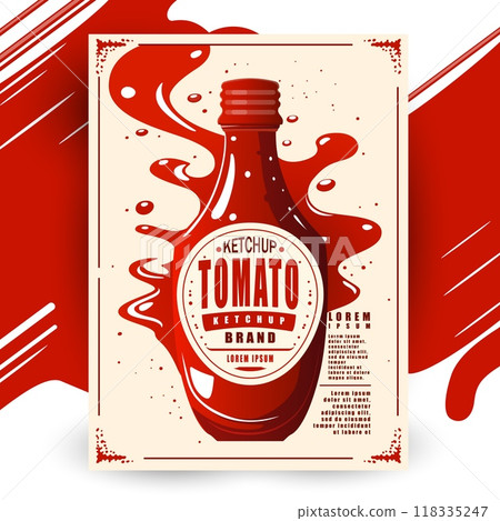 Ketchup sauce poster in retro style. Ai generated promo ads featuring a tomato ketchup bottle with vibrant red colors and artistic liquid splashes, for restaurants, food branding, or kitchen decor 118335247