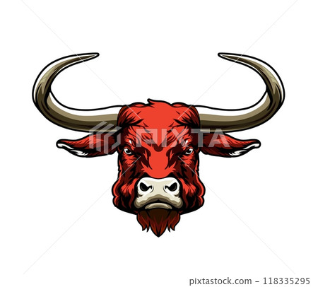 Ai generated ox or bull mascot, generative ai buffalo animal character with red fur. Isolated cattle head with long horns symbol of strength or untamed spirit, embodies wild and rugged essence of team 118335295