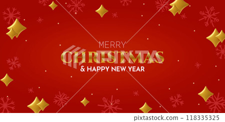 Red and golden winter holiday background with 3d stars and snowflakes Red and golden winter holiday background with 3d stars and snowflakes 118335325