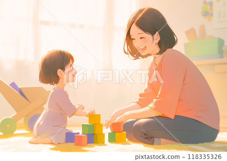 Nursery school children and young nursery teachers playing with building blocks_Illustration 1 118335326