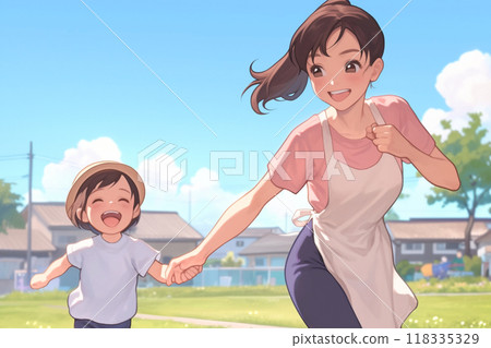 幼兒園的孩子和年輕的幼兒老師攜手奔跑_圖1 118335329
