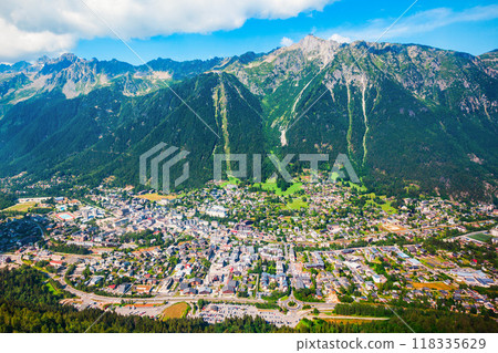 Chamonix town aerial panoramic view 118335629