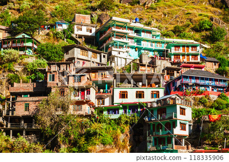 Colorful local houses in Manikaran, India Colorful local houses in Manikaran, India 118335906