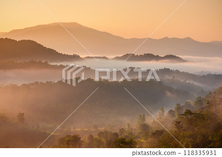 Himalaya hills in mist, sunrise landscape 118335931