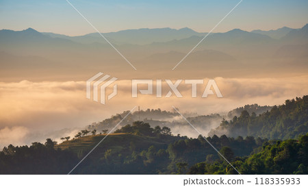 Himalaya hills in mist, sunrise landscape 118335933