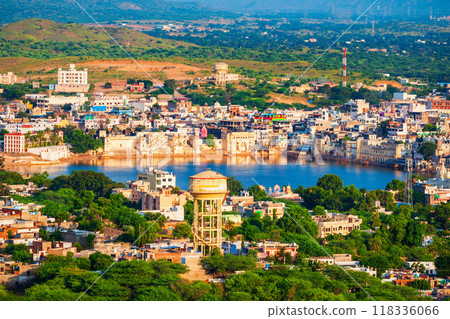 Pushkar town aerial panoramic view, India Pushkar town aerial panoramic view, India 118336066