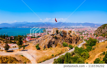 Fethiye Castle ruins aerial panoramic view in Turkey 118336202
