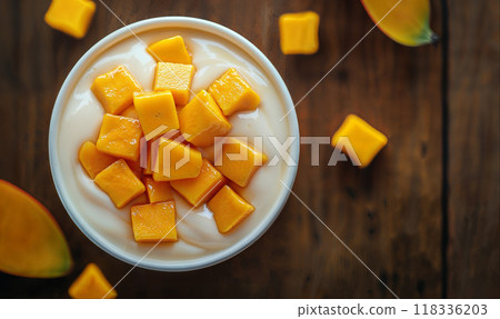 Yogurt with mango pieces on wooden table with copy space, top view, hight detailed upscaled image 118336203