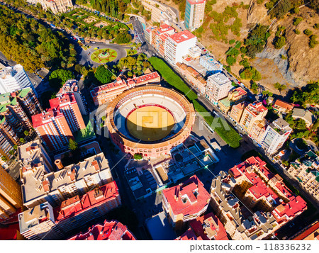 Bullring, bull ring building aerial panoramic view, Malaga Bullring, bull ring building aerial panoramic view, Malaga 118336232
