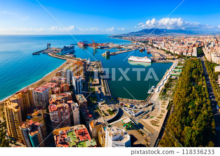 Malaga city port aerial panoramic view in Andalusia Malaga city port aerial panoramic view in Andalusia 118336233