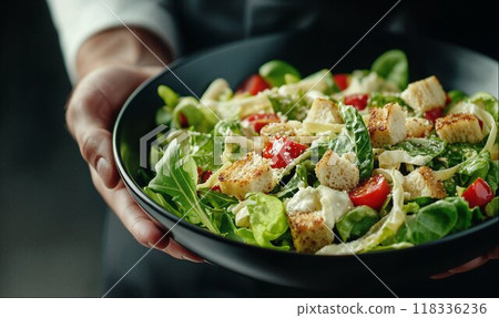 Chef is holding plate with Caesar salad, close-up with copy space, hight detailed upscaled image 118336236