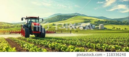 Tractor spraying pesticides, copy space, green farm field with young sprouts background, rural landscape, hight detailed upscaled image 118336248