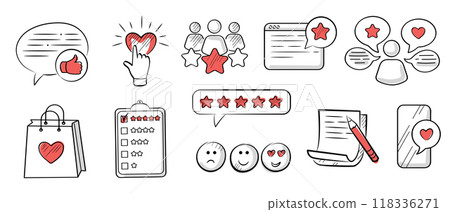 Feedback, review, rating, five stars, like. Cute vector doodle-style red color icons set. 118336271
