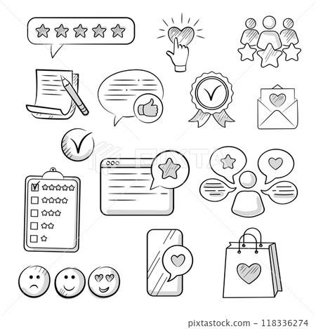Feedback, review, rating, five stars, like. Set of doodle-style icons. 118336274