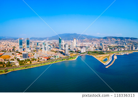 Bayrakli business district aerial panoramic view in Izmir city 118336313