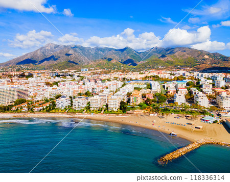Marbella city beach and port aerial panoramic view Marbella city beach and port aerial panoramic view 118336314