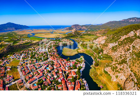 Dalyan aerial panoramic view in Mugla Province, Turkey Dalyan aerial panoramic view in Mugla Province, Turkey 118336321