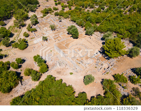 Kaunos ancient city aerial panoramic view near Dalyan, Turkey Kaunos ancient city aerial panoramic view near Dalyan, Turkey 118336329