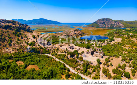 Kaunos ancient city aerial panoramic view near Dalyan, Turkey Kaunos ancient city aerial panoramic view near Dalyan, Turkey 118336336