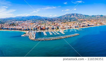 Fuengirola city beach and port aerial panoramic view 118336351