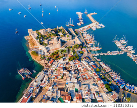 The Bodrum Castle and marina aerial panoramic view in Turkey 118336352