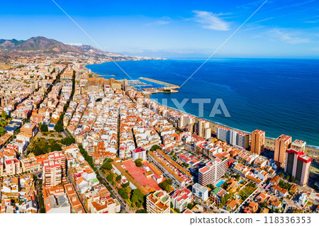 Fuengirola city beach and port aerial panoramic view 118336353
