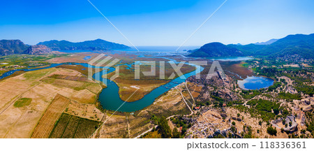 Dalyan river delta aerial panoramic view in Turkey 118336361