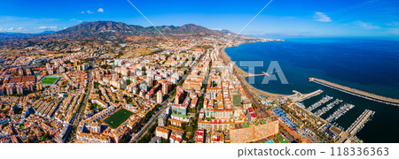 Fuengirola city beach and port aerial panoramic view 118336363