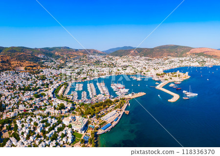 Bodrum beach and marina aerial panoramic view in Turkey Bodrum beach and marina aerial panoramic view in Turkey 118336370