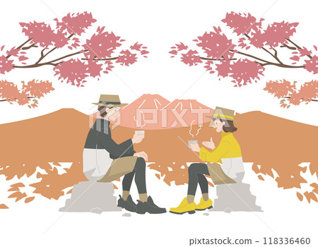 人們在徒步旅行時休息，有背景 118336460