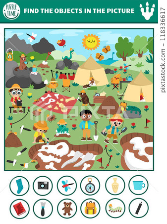 Vector dinosaur searching game with paleontologist dig camp landscape. Spot hidden objects in picture. Prehistoric scientist seek and find printable activity for kids with skeletons, bones, Vector dinosaur searching game with paleontologist dig camp landscape. Spot hidden objects in picture. Prehistoric scientist seek and find printable activity for kids with skeletons, bones, 118336617