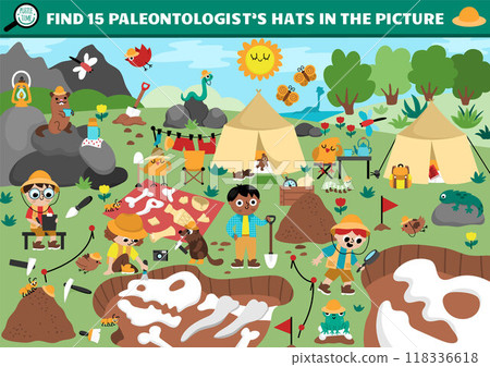 Vector dinosaur searching game with paleontologist dig camp landscape. Spot hidden hats in picture. Prehistoric scientist seek and find printable activity for kids with skeletons, bones, Vector dinosaur searching game with paleontologist dig camp landscape. Spot hidden hats in picture. Prehistoric scientist seek and find printable activity for kids with skeletons, bones, 118336618