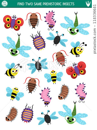 Find two same insects. Prehistoric matching activity for children. Dinosaur land educational quiz worksheet for kids with ancient bugs. Printable game with cute centipede, dragonfly, bee Find two same insects. Prehistoric matching activity for children. Dinosaur land educational quiz worksheet for kids with ancient bugs. Printable game with cute centipede, dragonfly, bee 118336681