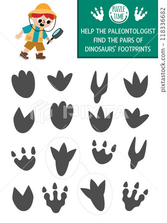 Find pair of dinosaur footprints. Prehistoric matching activity for children. Dino land educational quiz worksheet for kids for attention skills. Printable game with cute ancient animal foot prints 118336682