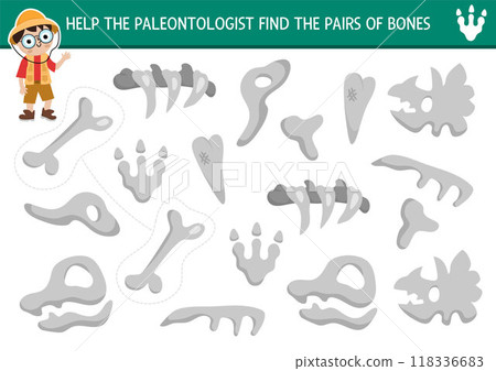 Find pair of dinosaur bones. Prehistoric matching activity for children. Dino land educational quiz worksheet for kids for attention skills. Printable game with cute ancient animal skeleton 118336683