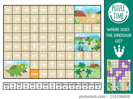 Dinosaur logic maze for kids with triceratops. Prehistoric preschool printable activity. Labyrinth game or puzzle with left, right, up, down concept. Follow the arrow and find out where dino goes Dinosaur logic maze for kids with triceratops. Prehistoric preschool printable activity. Labyrinth game or puzzle with left, right, up, down concept. Follow the arrow and find out where dino goes 118336688
