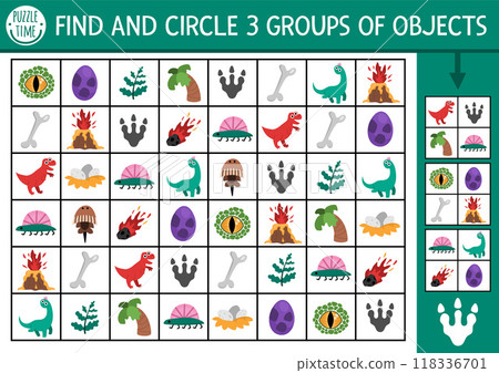 Dinosaur seek and find game with traditional symbols. Attention skills puzzle with T-rex, nest, bone, volcano. Prehistoric printable activity for kids. Dino searching puzzle. Find groups of objects Dinosaur seek and find game with traditional symbols. Attention skills puzzle with T-rex, nest, bone, volcano. Prehistoric printable activity for kids. Dino searching puzzle. Find groups of objects 118336701