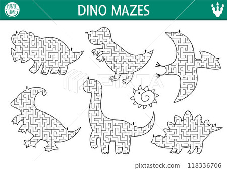 Dinosaur geometrical maze set for kids. Prehistoric preschool printable activity shaped as triceratops, t-rex, pterosaur, stegosaur, brachiosaur. Dine land labyrinth game or puzzle collection for Dinosaur geometrical maze set for kids. Prehistoric preschool printable activity shaped as triceratops, t-rex, pterosaur, stegosaur, brachiosaur. Dine land labyrinth game or puzzle collection for 118336706