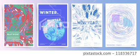 Abstract Fluid Christmas and Winter Posters. Vibrant and Dynamic New Year Designs with Artistic Marble Textures and Futuristic Typography for Seasonal Decor. 118336717