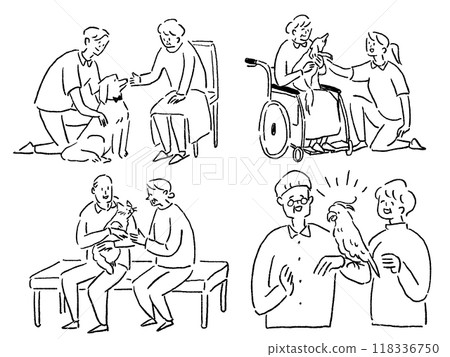 Nursing care and welfare job set I (animal therapy, elderly people interacting with animals), line drawing 118336750