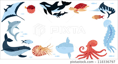 Background with sea inhabitants. Banner template. Frame with corals, jellyfish, octopus and other marine animals on white background. 118336797