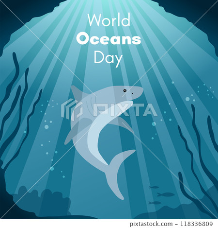 World Oceans Day. Greeting card, banner, social media post template. Sea background with shark. 118336809
