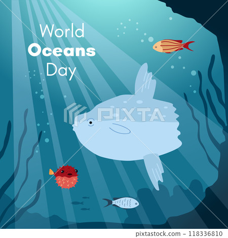 World Oceans Day. Greeting card, banner, social media post template. Sea background with sun fish, fugu fish. World Oceans Day. Greeting card, banner, social media post template. Sea background with sun fish, fugu fish. 118336810